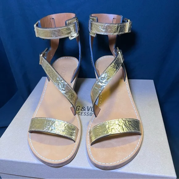 NWT ZADIG &VOLTAIRE Cecilia Crinkled Caprese Sandals in Gold SZ 38 - Picture 5 of 10